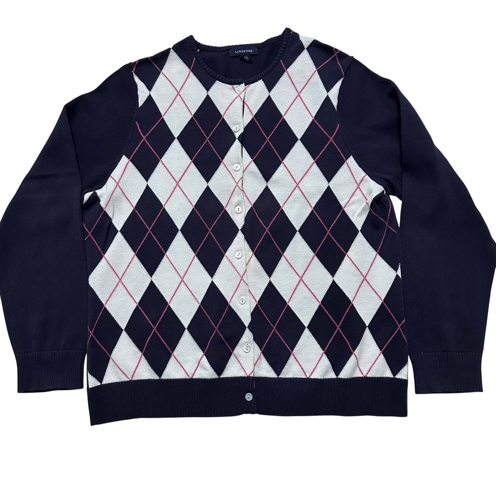 Lands' End Argyle Cardigan Sweater Womens XL Navy 100% Cotton Preppy Academia